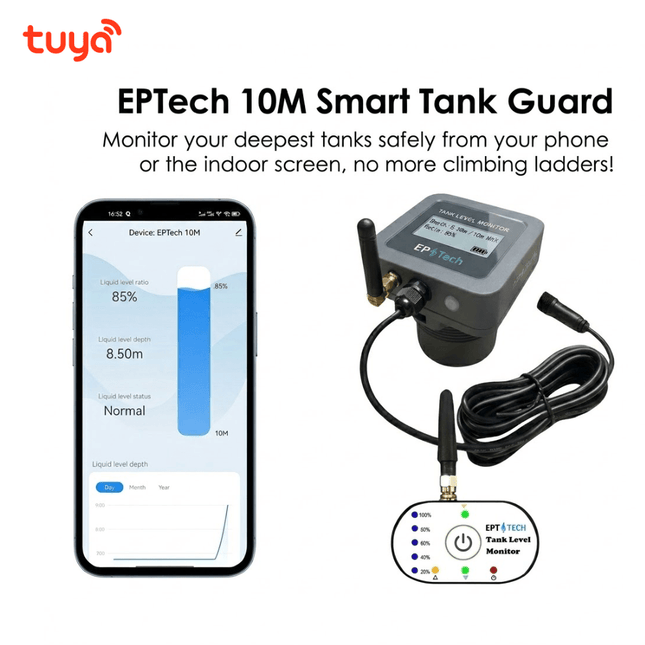 Tuya Smart 10M Tank Level Meter: WiFi/RF Sensor, LCD Screen & App Alerts (EPTech Edition) - Bestways Smart Home Solutions