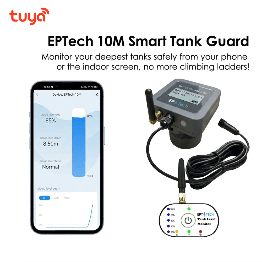 مراقب مستوى خزان تويا سمارت 10 متر: مراقبة عبر الواي فاي والتردد اللاسلكي مع شاشة LCD (إصدار EPTech) مراقب مستوى خزان تويا سمارت 10 متر: مراقبة عبر الواي فاي والتردد اللاسلكي مع شاشة LCD (إصدار EPTech)