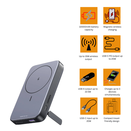 UGREEN 10000mAh Magnetic Wireless Power Bank | 15W Wireless Charging | 20W USB - C | 22.5W USB - A | 15086 - Bestways Smart - home Solutions