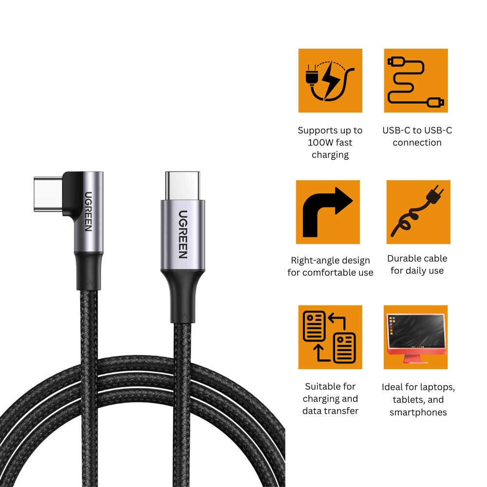 كابل شحن سريع USB-C إلى USB-C بزاوية قائمة 100 وات من UGREEN | US334 كابل شحن سريع USB-C إلى USB-C بزاوية قائمة 100 وات من UGREEN | US334