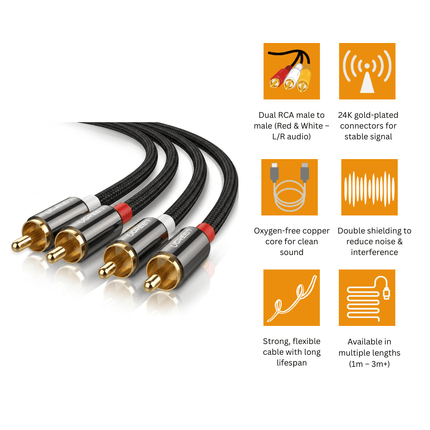 UGREEN 2 RCA Male to Male Cable AV104 | Stereo Audio Cable | Gold-Plated Connectors