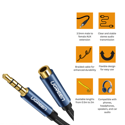 UGREEN 3.5mm Male to Female Extension Cable AV118 | AUX Braided Cable - Bestways Smart - home Solutions