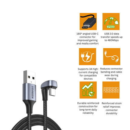 UGREEN Angled USB - C Male To USB - A Male 3A Data Cable (180°Angle) | US311 - Bestways Smart - home Solutions