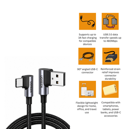 UGREEN Angled USB - C Male To USB2.0 A Male 3A Data Cable (90°Angle) (Black) | US284 - Bestways Smart - home Solutions