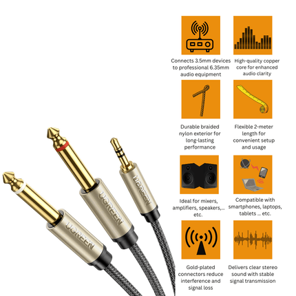 Ugreen cable audio cable mini jack 3.5mm - 2 x jack 6.35mm 2m gray / AV126 - Bestways Smart - home Solutions