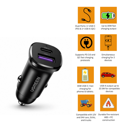 UGREEN Car Charger USB - C USB - A 30W - Black | 25845 - Bestways Smart - home Solutions