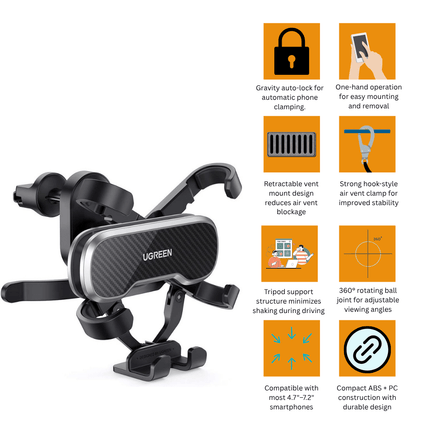 UGREEN Car Phone Mount Retractable Air Vent Gravity Cell Phone Holder Cradle with Hook | 80871 - Bestways Smart - home Solutions