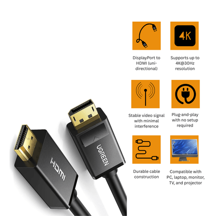 UGREEN DisplayPort to HDMI Cable DP101 | 4K@30Hz Uni - Directional Cable - Bestways Smart - home Solutions