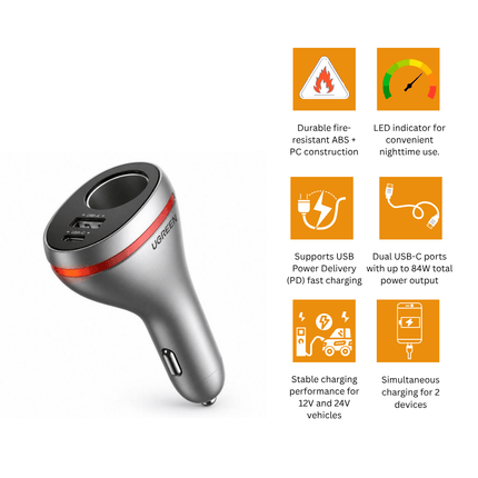 UGREEN Dual Port Single Extension PD 84W Car Charger | 60712 - Bestways Smart - home Solutions