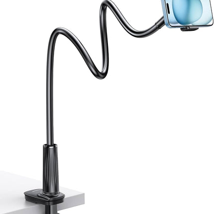 Phone holder with flexible arm on a white background with feature icons and text.