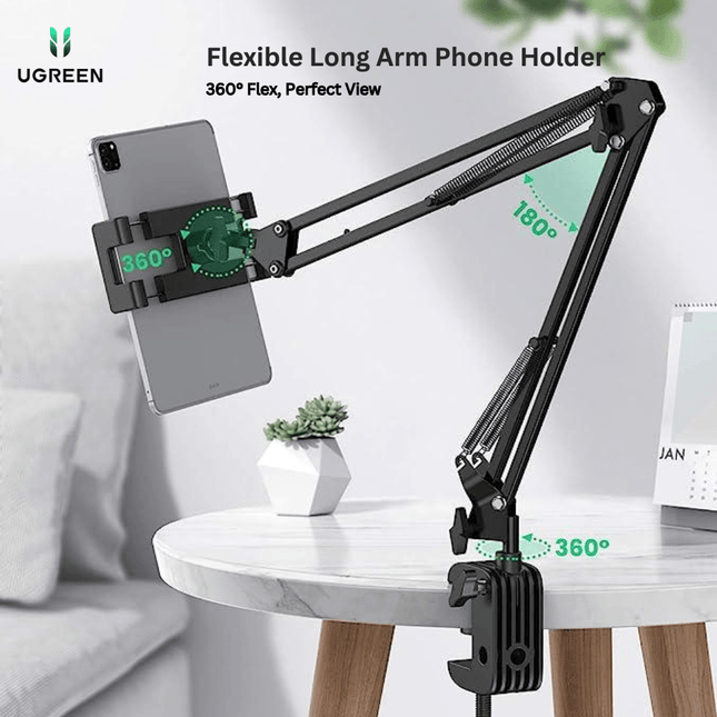 Phone holder with flexible arm on a white background with feature icons and text.