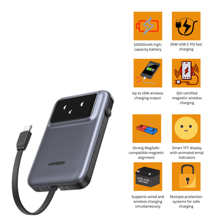UGREEN Uno Magnetic Wireless Power Bank 10000mAh | Qi2 Certified | 15W MagSafe Charging | TFT Display | PB764 | 45329 - Bestways Smart - home Solutions