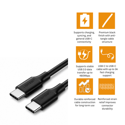 UGREEN USB - C 2.0 Male To USB - C 2.0 Male 3A Data Cable (Black) | US286 - Bestways Smart - home Solutions