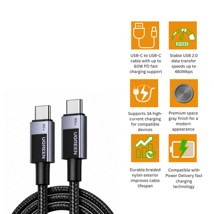 UGREEN USB - C to USB - C 60W Fast Charging Braided Cable 3A Max (Space Gray) | L524 - Bestways Smart - home Solutions